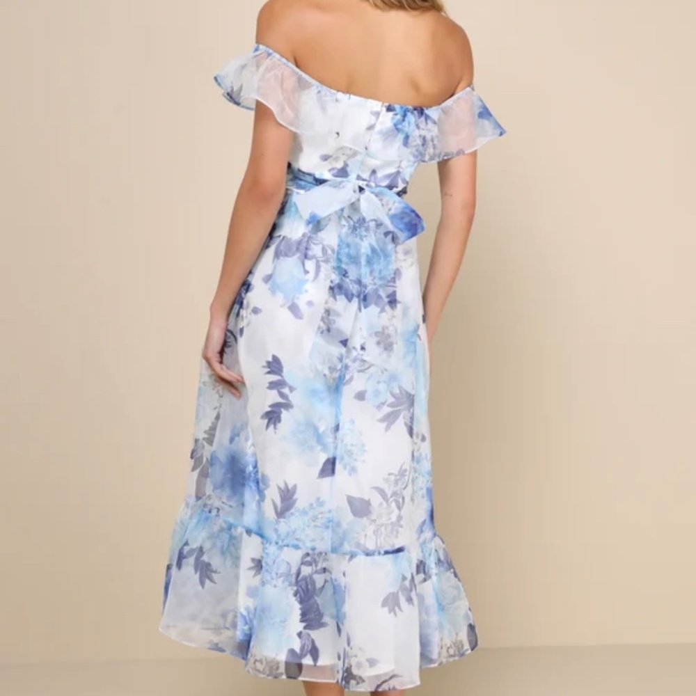 Lulus Sweet Composure White Floral Organza Off-the-shoulder Midi Dress Blue - Picture 2 of 5